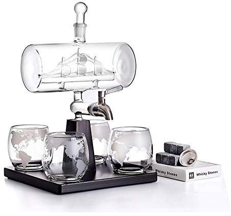 Ledph Whiskey Karaffe Schiff Decanter Einstellen Set Mit 1100ml Whisky Glaser Flasche, 4 Scotch Glas Brille Und HolzstäNder, 100% Bleifreies Kristall Glass, Trichter GießEn Und Edelstahl Wasserhahn