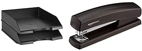 Amazon Basics Briefablage, Schreibtischablage, stapelbar, Schwarz, 2 Stück & Heftgerät mit 1.000 Heftklammern, Schwarz