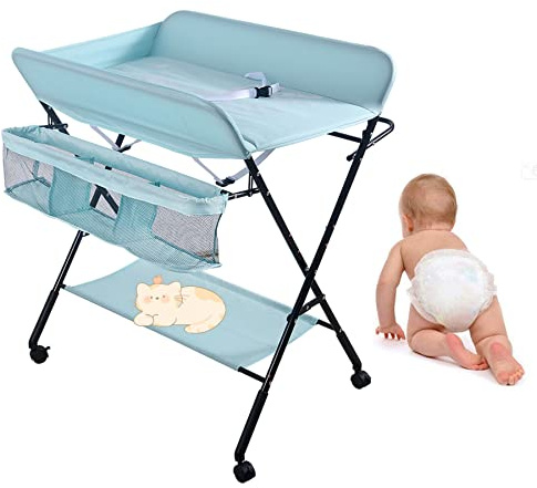 Table à Langer pour Bébé avec 4 roulettes, Table à Langer Pliable, Commode à langer pour bébé, Station à langer pour bébé portable, avec sangle de sécurité et paniers de rangement 80*66*98cm bleu ciel