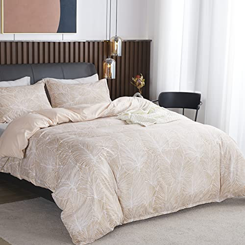 Parure de Lit Beige de Motif Feuilles Tropicales, 1 x Housse de Couette 220x240 cm 2 Personnes et 2 x Taies d'oreiller 65x65 cm, Sets de Linge Très Doux Literie Tropicale avec Fermeture Eclair