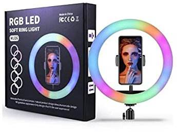Jandei – Anillo Aro Selfie de Luz LED RGB 26CM/260MM con Trípode, Soporte de Móvil y Control Remoto, 15 Colores Regulables, 10 Niveles de Brillo, Youtube, Tiktok, Vlog