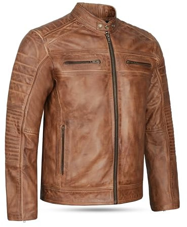 Leatherick Chaqueta de motociclista estilo retro vintage de cuero genuino marrón tostado envejecido para hombre (L)