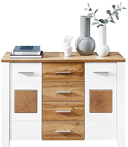 Möbel Jack Kommode - Weiß matt - Eiche Altholz Dekor - B 122 cm - 2 Türen