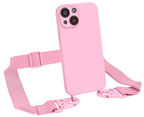 EAZY CASE Premium Silikon 2 in 1 Handykette kompatibel mit iPhone 13 Mini Handyhülle mit Umhängeband, Handykordel mit Silikonhülle, Hülle mit Band, Kette für Smartphone, Pink