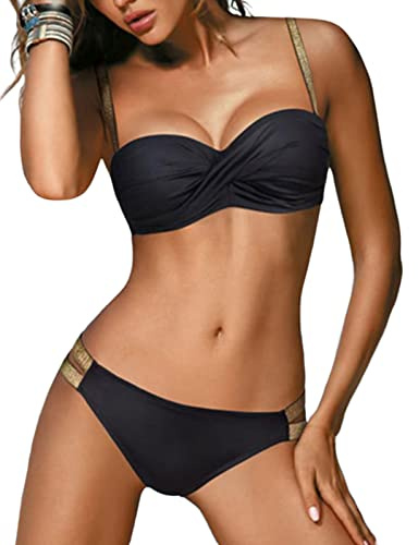 UMIPUBO Femme Maillot de Bain 2 Pièces, Push Up Rembourré Bikini Set vec Ceinture Dorée, Chic Réglable Maillot de Bain Beachwear