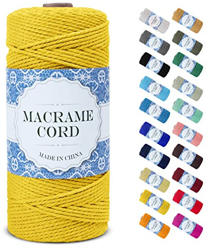 Uiopa Makramee Garn 2mm x 200m, Natürliche Baumwollgarn Baumwollkordel Farbig Baumwollschnur, Makramee-Garn Geflochten für DIY Basteln, Hängepflanze, Wandbehang, Weben Dekoration (Gelb)