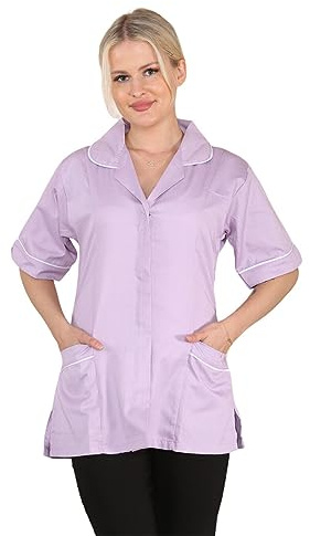 MyShoeStore Women's Healthcare Tunic Shirt with Front Zip, Short Sleeves and Front Pockets for Medical Uniform, NHS Hospital, Clinic Work Wear, Lilac, 20