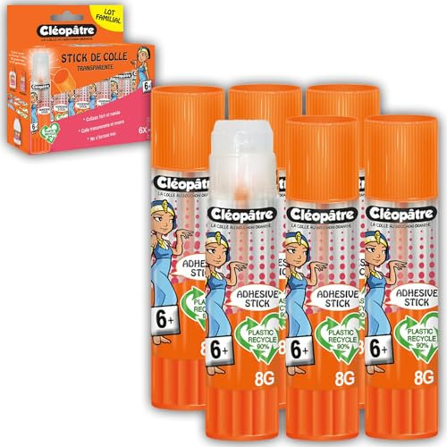 Cléopatre - Cléostick Adhésive - 6 Barras de Pegamento Transparente - Ideal para Trabajos Escolares a partir de 6 Años - Aplicación Fácil y Precisa - Sin Disolventes - 6x8g
