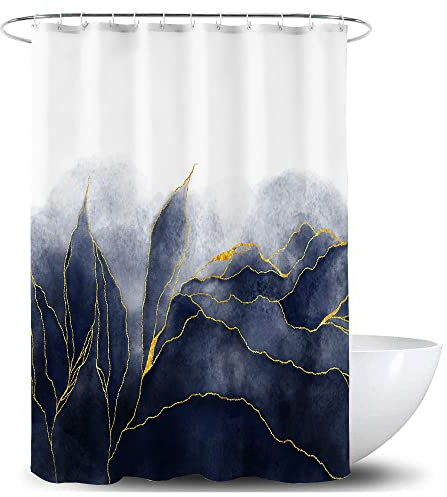 De-Mediocre Rideau de Douche élégant en Polyester imperméable à Motif Feuilles de marbre Bleu Marine ombré, Bleu foncé et doré, pour Salle de Bain, 183 x 183 cm