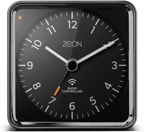 ZEON Bedside Radio Controlled Analogue Alarm Clock for Central European Time Zone (DCF/GMT+1) with Light and Snooze Function, Silent Non-Tick Battery Powered Alarm Clock in Black, CE4550-DCF