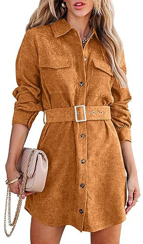 Uusollecy Robe Chemisier pour Femme à Manches Longues avec Ceinture, Mini Robe en Velours Côtelé avec Poche et Boutonnière, Marron, M