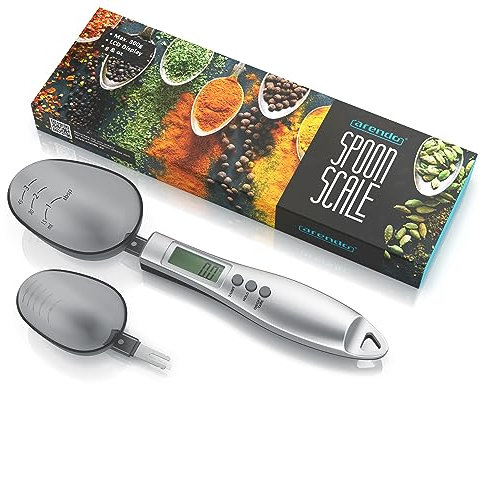 Arendo - Digitale Löffelwaage - Messlöffel von 1 g bis 300 g - Exakte Küchenwaage auf 0,1g - Feinwaage für Gewürze Milchpulver Eiweisspulver ecc - LCD-Display – Digitalwaage - 2 Löffel Größen