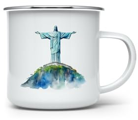 MAXIKIWI - Durable Enamel Coffee or Tea Camping Mug for Indoor Outdoor Use - 7 Wonders of The World - 350ml