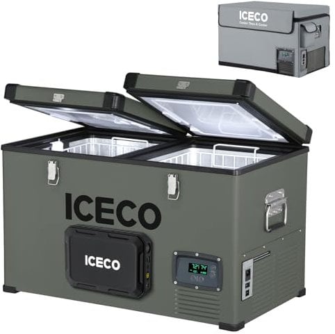 ICECO VL60 12V Car Refrigerator, 63Qt Dual Zone Portable Freezer Powered by SECOP, 0°-50°F, 12/24VDC&110-240VAC, Compressor Electric Cooler Compact Freezer for Outdoor&Home Use| with Magnetic Battery