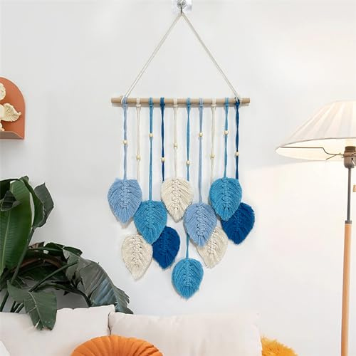 CULASIGN Makramee Wandbehang Wandteppich, Boho Blätter Handgewebt Boho Makramee Wandbehang Deko Blatt Feder Girlande Wanddeko für Wohnzimmer Schlafzimmer (Blau)