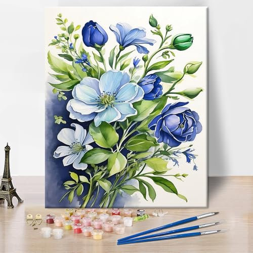 Peinture par numéros rose bleue pour adultes - Bouquet de fleurs colorées - Peinture intéressante à l'aquarelle par numéros - Pour décoration murale - Kit de peinture acrylique - 40 x 50 cm - Sans