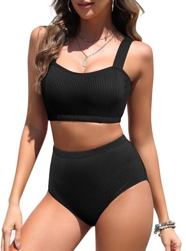 Tuopuda Bikini Damen Set Zweiteiliger Badeanzug High Waist Push Up Bikini-Oberteil Gerippte Zweiteiler Bademode Swimsuit Badebekleidung, Schwarz, XXL