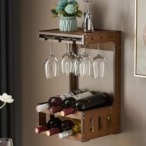 POWRZZZY Wandmontierte Weinregale Praktisches Wein und Flaschenregal mit Stemware Aufhänger Moderne Weindisplay Aufbewahrungshalter für Bar Weinkeller Keller Schrank Speisekammer Holz Braun