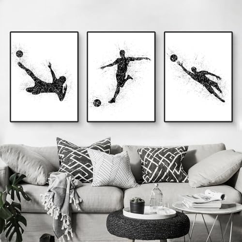 Herfair 3 Stück Moderne Bunt Fußball Poster Set, Schwarz und Weiß Kunstdruck Bilder, Kinderzimmer Wohnzimmer Wandbilder Wanddeko für Teenager Jungen, Ohne Rahmen (Schwarz und Weiß Fußball,40x50cm)