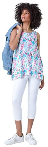 Roman Originals Textured Fan Print Stretch Hanky Hem Top for Women UK - Ladies Everyday Holiday Spring Summer Round Neckline Comfy Soft Evening Vacation Work Party - Pink White Teal - Size 12