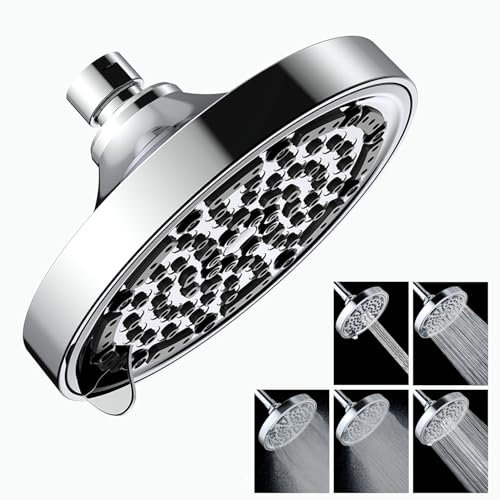 JINYOMFLY Soffione Doccia alta Pressione 5 Modalità, 15CM Soffione Doccia a Pioggia, Soffione per Doccia Fisso, Rotondo Testa Doccia Regolabile, Cromo