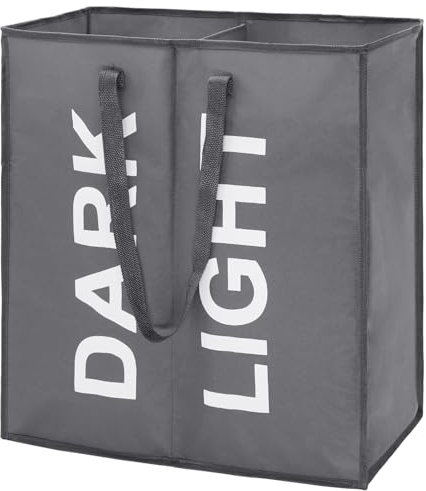 DOKEHOM 80L Large Collapsible Washing Laundry Basket Bag with 2 Sections for Bedroom, Fabric (Dark Grey)