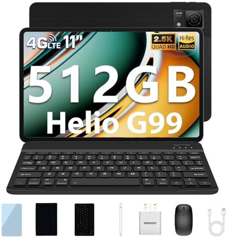 DOOGEE T40 Tablet with Keyboard, 11 Inch Tablet with Pen, 20GB+512GB/2TB TF, Helio G99 Octa-core, Android 14 Tablet with Sim Card Slots, 8580mAh, 16MP/3.5mm Jack/Hi-Res/5G WiFi/Quad Speakers, Black