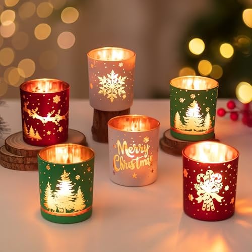 Teelichthalter Weihnachten Windlicht Weihnachtsdeko Tisch: Hewory 6er Set Teelichtgläser Weihnachts Deko Kerzenhalter für Tischdeko Weihnachten Party Dekoration Rot Grün weiß