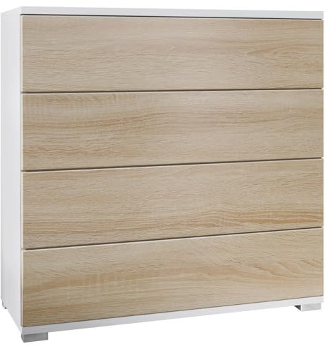 Vladon Kommode Pavos V3, Sideboard mit 4 Schubladen Weiß matt/Eiche sägerau (76 x 76 x 35 cm)