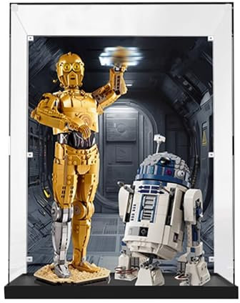 SONNIES Acryl-Vitrine für Lego 75398 + 75379 Star Wars C-3PO/R2-D2, staubdichte Box, Aufbewahrungsbox, transparente Box, Displaybox, Gold, Acryl