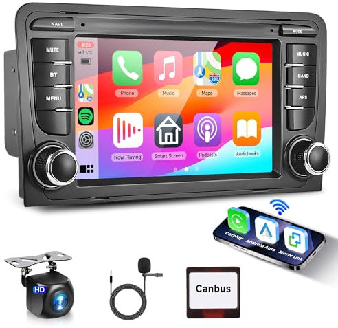 2G+64G Android Autoradio für Audi A3 S3 RS3 2003-2012 7 Zoll Touchscreen Wireless Carplay Autoradio mit Android Auto Navi GPS WiFi Mirror Link Bluetooth FM/RDS/DVR/EQ Lenkradsteuerung Rückfahrkamera