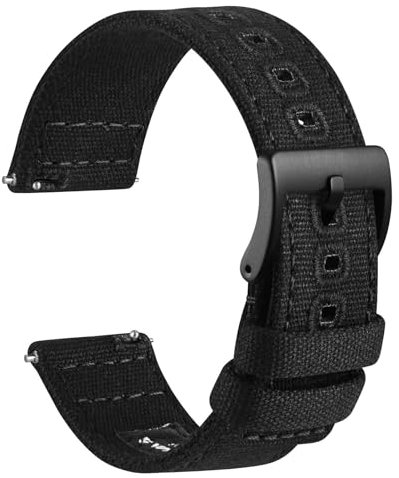 WOCCI 20mm Segeltuchstoff Uhrenarmband, Schnellverschluss, Ersatzband, Schwarze Schnalle (Schwarz)