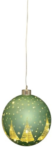 LED Kugelhänger Grün Tannenbaum Winterdeko Fensterbeleuchtung aus Glas - Leuchtkugel Weihnachtsdekoration Ø 10 x 9,5 cm - Kugelleuchte für Innen, Leuchtdeko als Fensterdekoration zum Aufhängen