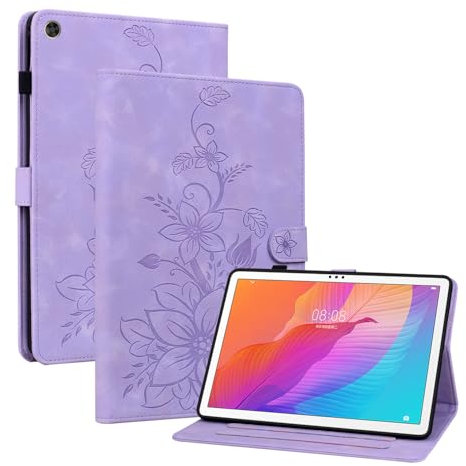 Rosbtib Funda para Huawei MediaPad T5 10.1 Pulgadas 2018 Modelo AGS2-W09/W19/L09, Funda Protectora de Visualización Multiángulo con [Ranura para Tarjetas] [Cierre Magnético], Lirios Púrpura