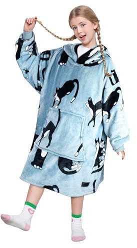 Catalonia Classy Übergroße Fleece Hoodie Decke, Weiche und Warme Decken Hoodie Kinder, Tragbare Decke with Großer Fronttasche für Teenager, Mädchen und Jungen, Weihnachtsgeschenke, Graue Wunderkatze