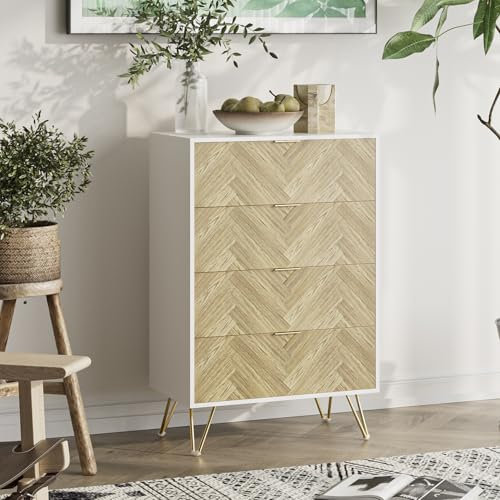 HEYZOEY Kommode Rattan Weiß, Sideboard mit 4 Schubladen, 34x60x91cm, Holz Schubladenschrank mit Gold Bein, Modern Boho Beistellschrank für Schlafzimmer,Flur,Wohnzimmer,Heringbone