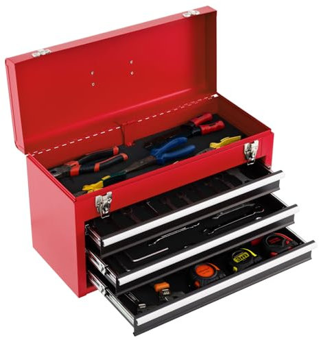 HOMFME 3 Drawer Tool Box, Lockable Tool Storage Box with Latch System, Top Layer, Bearing Slides, EVA Mats, Tool Chest Heavy-Duty Tool Storage Cabinet for Workshop Garage, 52x22x 31cm (Red + Black)