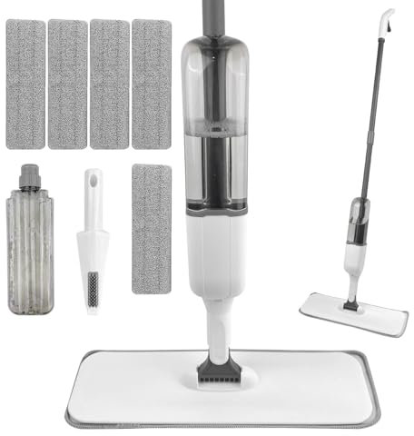 Crihovy Bodenwischer mit Sprühfunktion, Wischmopp Spray Mop, Wischer Boden Wassertank, Sprühwischer Floor Mop mit 5 Waschbaren Mikrofaser Pads und 1 Schaber für Laminat, Holz, Keramik, Fliesen, Boden