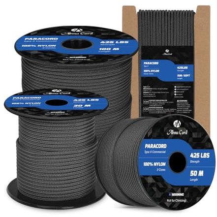 Abma Cord Paracord 3mm 15M 100% Nylon Seil Paracord 425 Typ II Schnur mit 3 Kern für Basteln, Camping, Survival - Max. 192kg (425lbs) - Schwarz