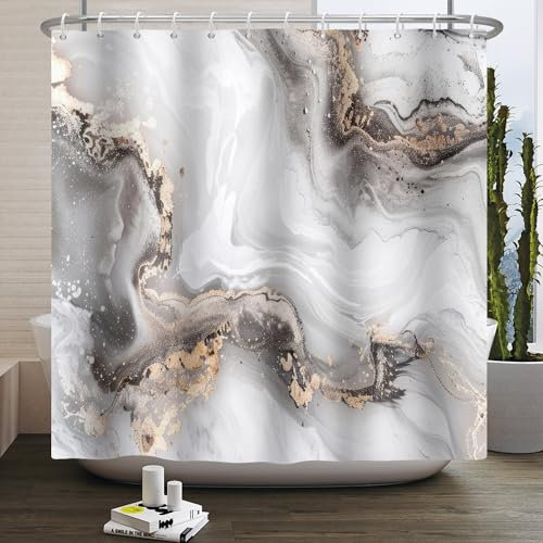 Kzzfqxb Rideaux de Douche 90x183cm avec Crochets en Plastique, imperméable occlus Gris doré marbre Laiteux coulée Sable Motif Moderne pour Baignoire, Tissu Polyester pour Salle de Bain