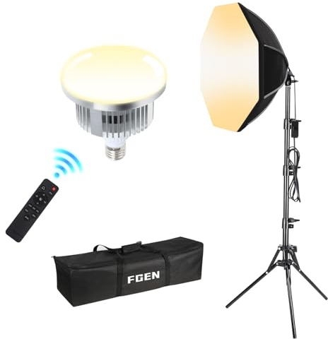 FGen Softbox con LED regolabili, 50 cm diametro octogonal Soft Box con supporto 150 cm e lampadine LED da 3000k a 6500k, compatte e portatili per ritratti, riprese video e fotografia di prodotto
