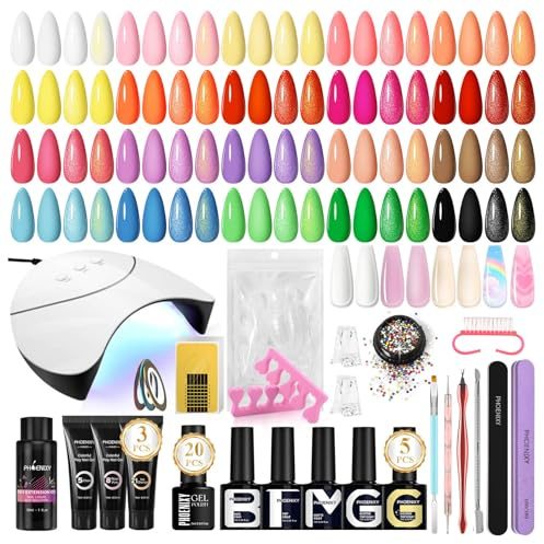 Phoenixy 43PCS Kit Esmalte de Uñas Semipermanente con Lámpara UV 20 Colores Esmalte de Uñas en Gel y 3 Colores de gel Extensión Poliéster Kit Completo de Manicura Para Principiante Regalo para Mujeres