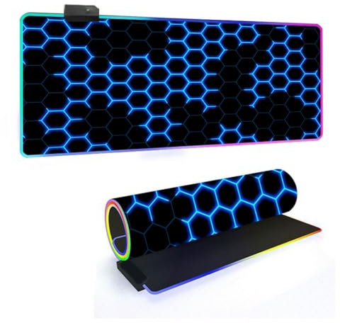 FANSU Gaming Mauspad XXL, Tech-Stil, RGB Extra Groß Multifunktionales Mousepad mit 14 Farben LED-Licht für Computer PC Laptop Tastatur Professionelle Gamer Rutschfester (Blau,600x300x4mm)