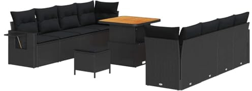 vidaXL 11-teiliges Gartensofa-Set mit Kissen, Schwarz, Polyrattan, Akazie, für draußen. Bequemes 6-Sitzer-Modulsitzensemble für Deine Terrasse.