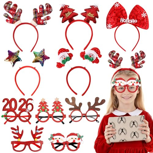 Druuzyl 10 Pièces Serre-Têtes de Noël avec Lunettes Festives - Bandeaux Renne/Père Noël en Peluche, Accessoires de Fête pour Arbre, Cadeaux, Photos et Soirées (Lot Familial)