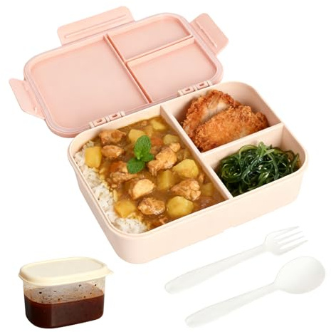Rieoany Porta Pranzo con 3 Scomparti e Cucchiaio Forchetta Contenitori Ermetici per Alimenti con Coperchio Lunch Box Bento Box Porta Pranzo Portamerenda Rosa