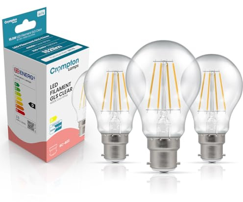 Crompton Lamps Filament GLS LED Light Bulb BC-B22d | 10.5W = 100W Equivalent | Cool White 4000K | Energy Efficient | Bayonet Lightbulb | Long Life 15,000-Hrs | Clear Glass | 3-Pack