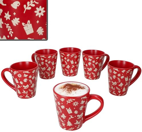 MamboCat 6er Set Advent Kaffeebecher I 250ml I Tassen aus Steingut in Rot mit Weihnachtsmotiven in Creme I Winter-Geschirr für Kaffee, Tee, Kakao, Punsch, Glühwein & Co. I Weihnachten, Nikolaus
