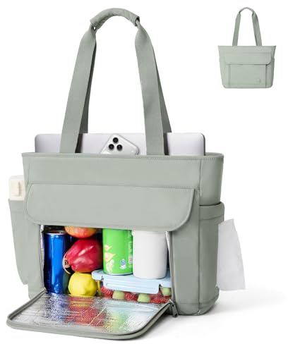 aji Tote Bag with Lunch Compartment, 17 Inch Laptop Bag with Insulated Leakproof Lunch Compartment, 2 In 1 Tote Bags Lunch Bag for Office Nurse Collage Business Work Bags for Women Men (Green)