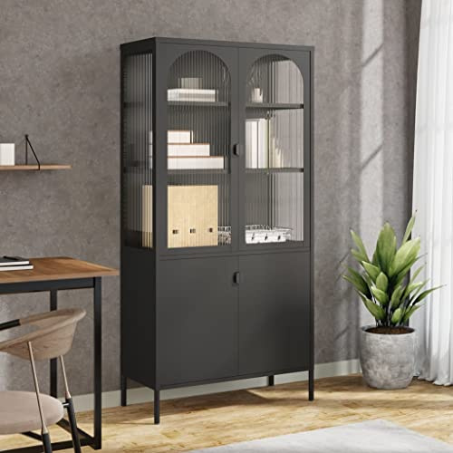 YuuSsea Modernes Highboard Schwarz 90x40x180 cm, Riffelglas & Pulverbeschichteter Stahl, mit 3 verstellbaren Einlegeböden, für Wohnzimmer, Esszimmer, Flur, viel Stauraum